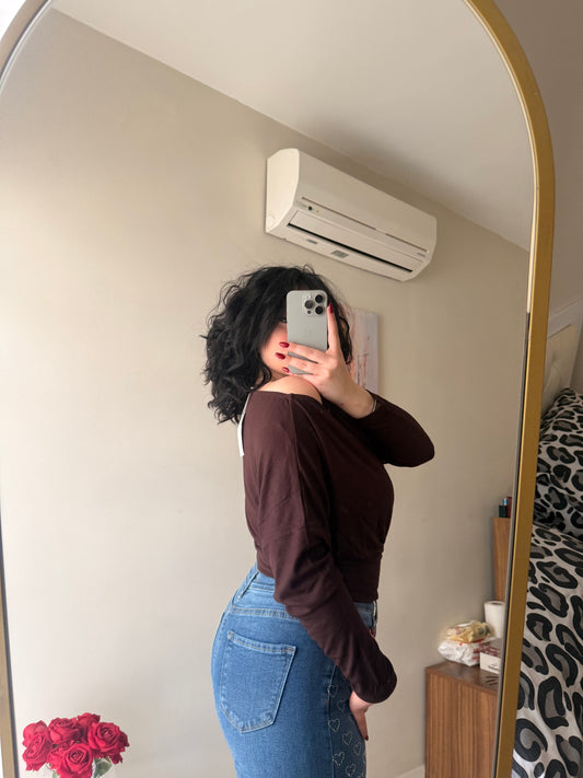 Kahverengi Kayık Yaka Viskon Kadın Bluz