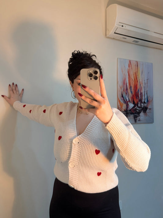 Kalp Nakışlı Triko Hırka