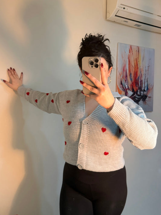 Kalp Nakışlı Triko Hırka