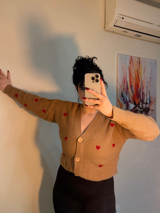 Kalp Nakışlı Triko Hırka