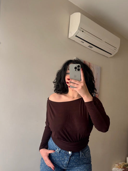 Kahverengi Kayık Yaka Viskon Kadın Bluz