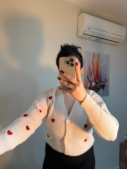 Kalp Nakışlı Triko Hırka