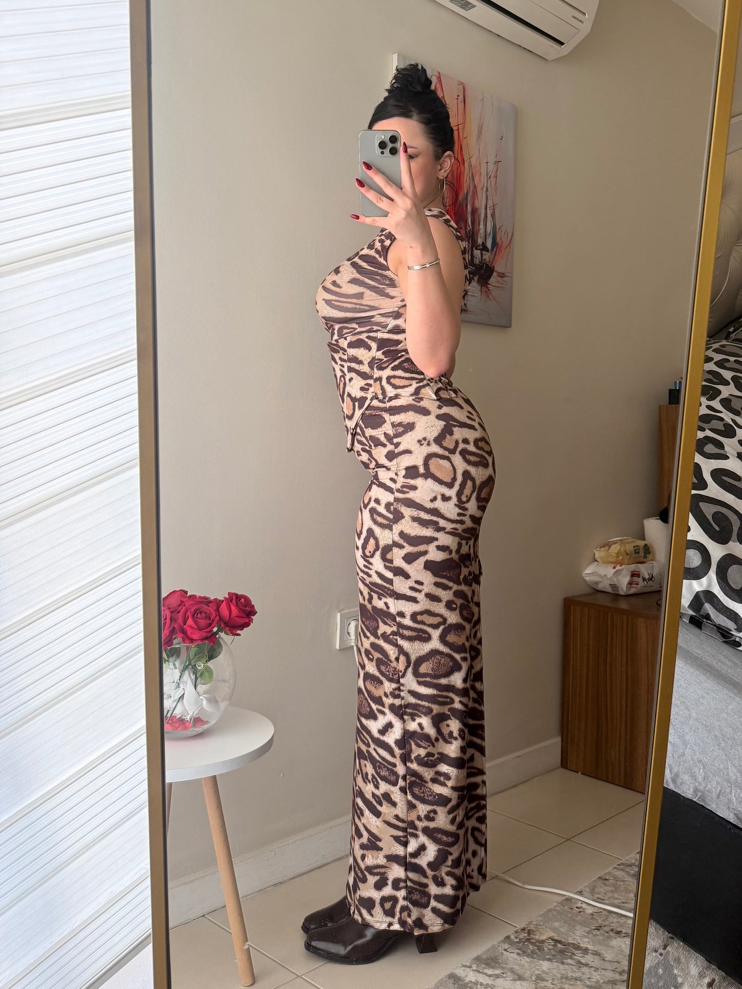 Leopar Desenli Balenli Korse Sendy Elbise