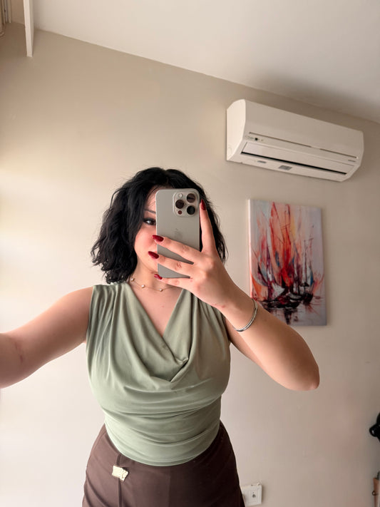 Haki Degaje Yaka Likralı Sandy Kadın Bluz