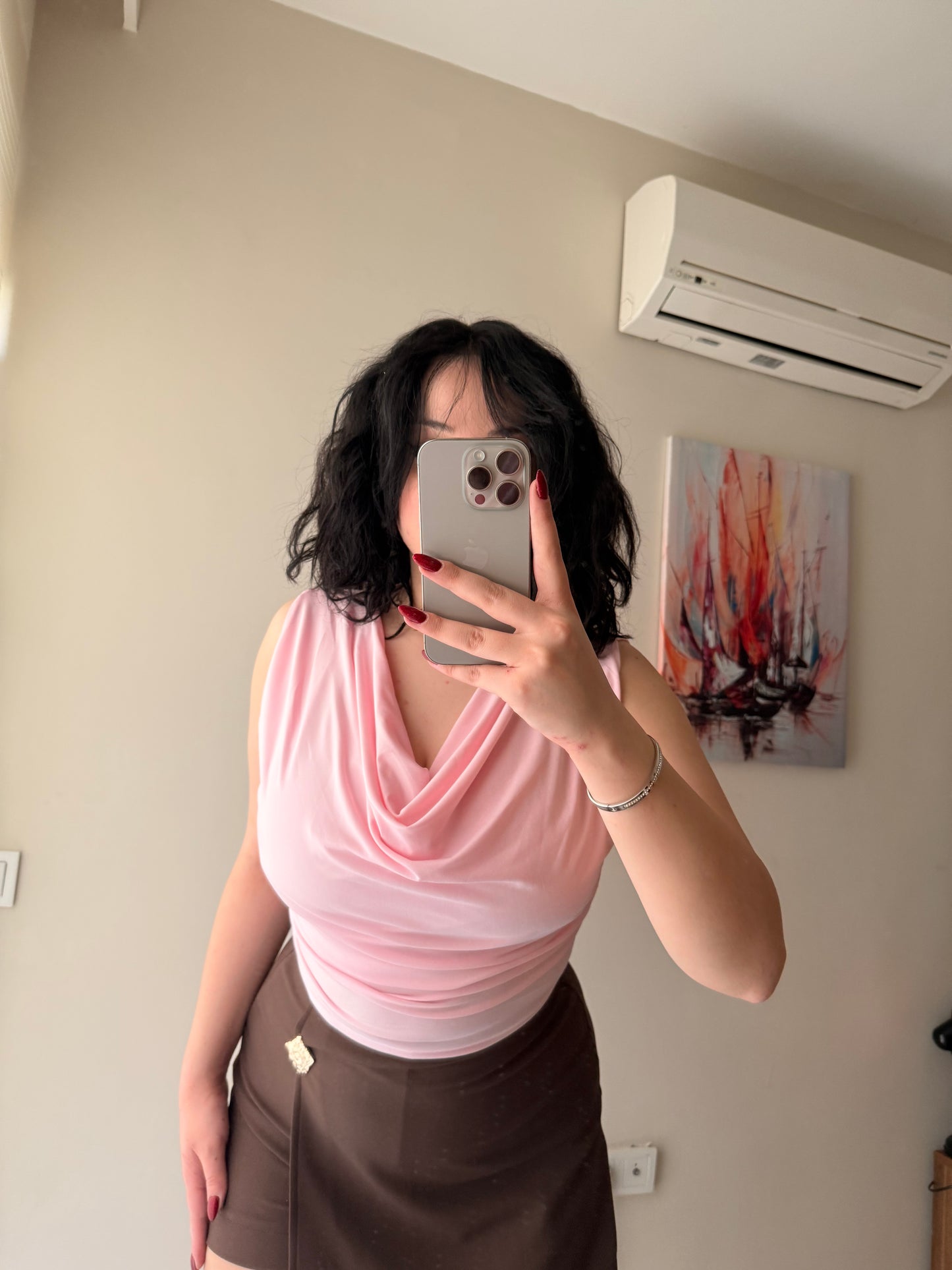 Pembe Degaje Yaka Likralı Sandy Kadın Bluz