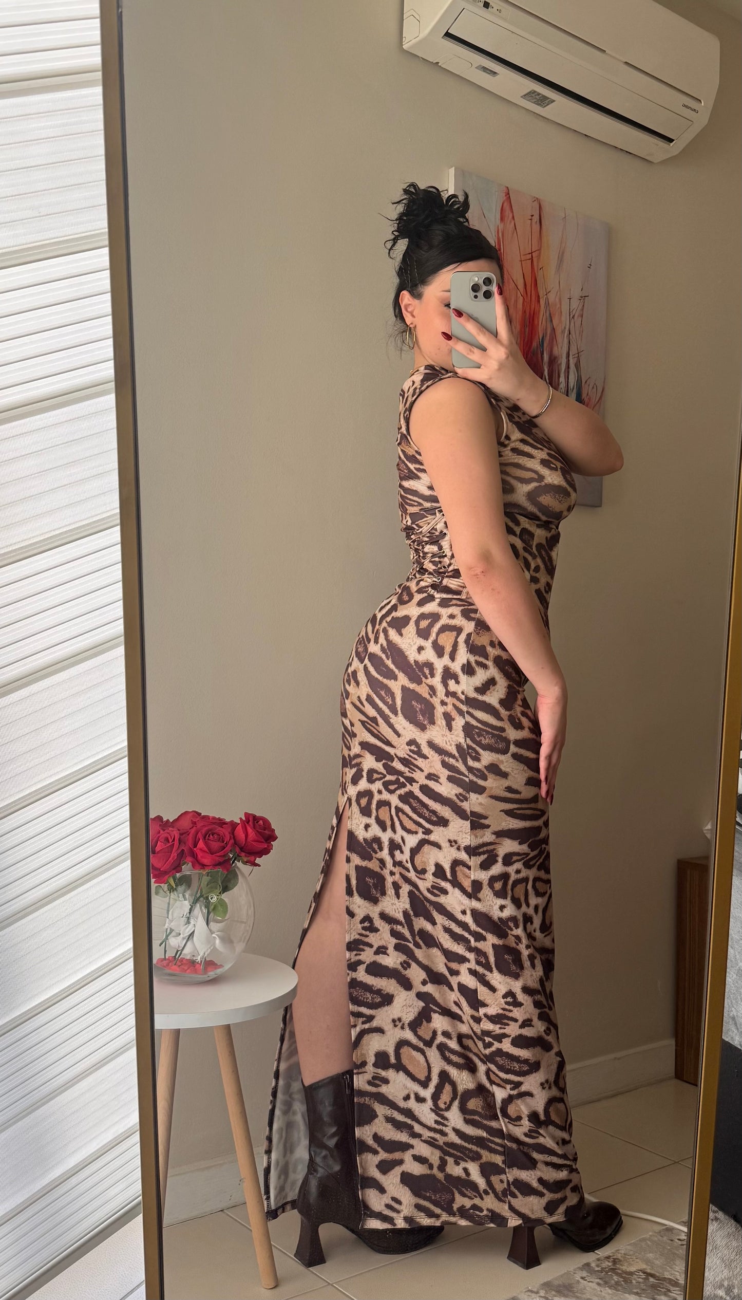 Leopar Desenli Balenli Korse Sendy Elbise